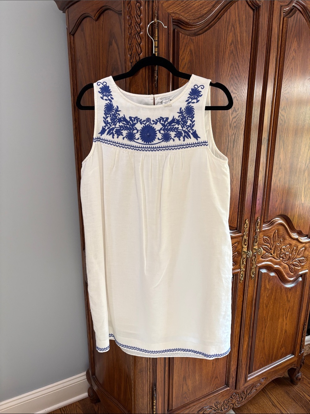 J. Crew White Sleeveless Tunic with Blue Floral Embroidery